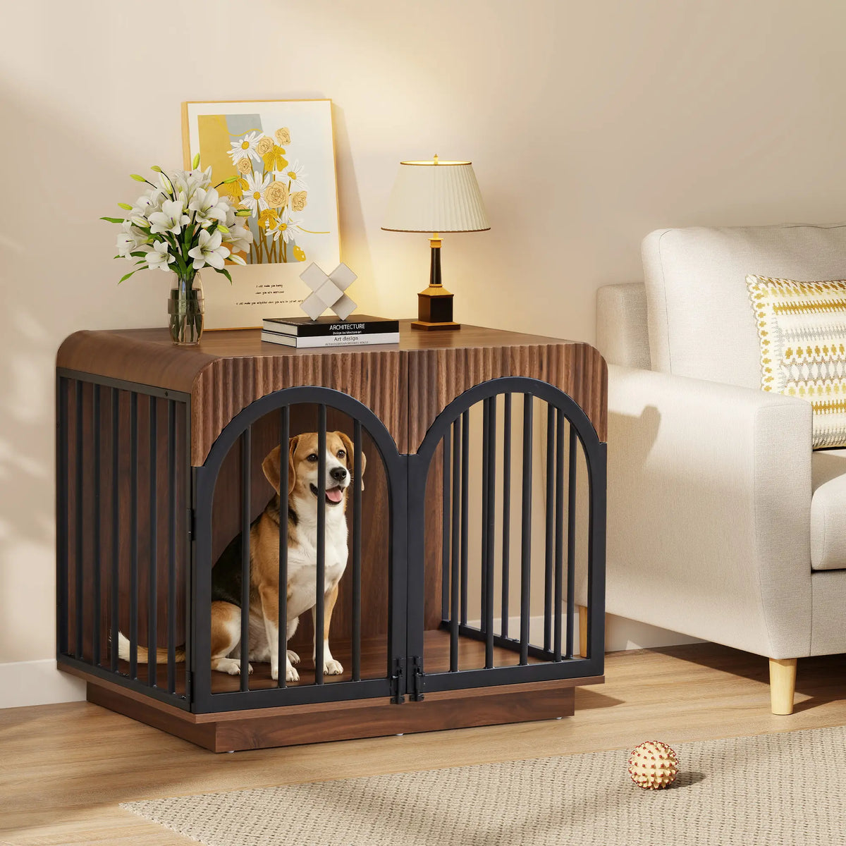 Giratree 39.3" Fluted Wooden Dog Crate Furniture, Mid-Century Modern Indoor Dog Kennel Dogs Cage for Medium/Large Dogs, Heavy Duty Dog Crates Decorative Pet House for Living Room