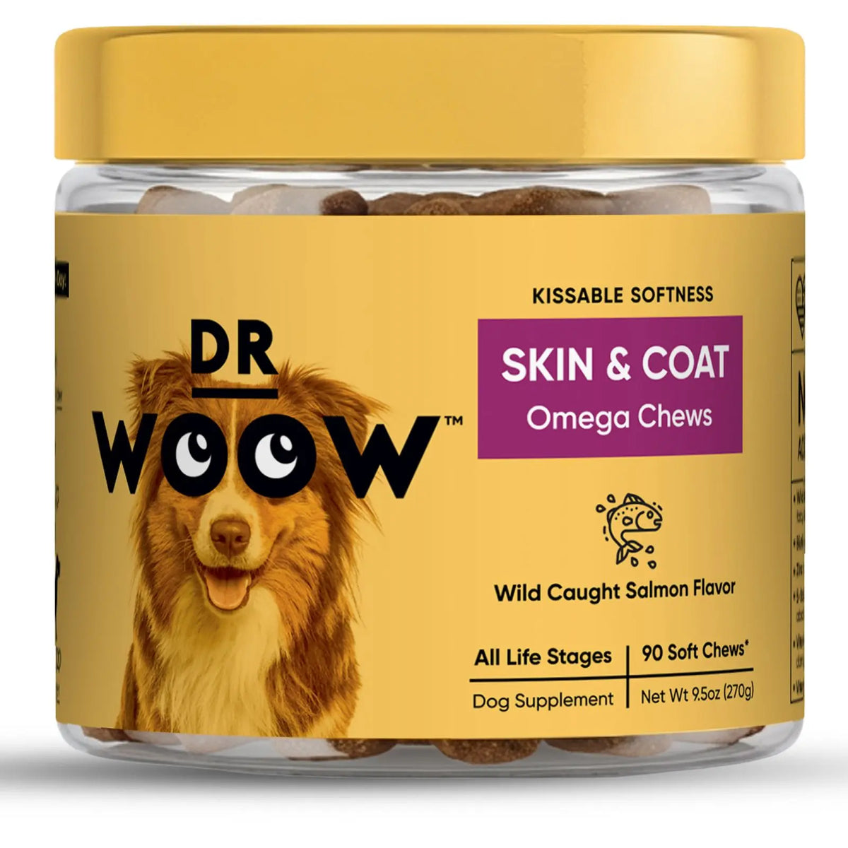 Dr Woow Dog Fur & Skin Care Soft Chews, High-Protein Salmon Flavor Treats with Biotin & Vitamins, Supports Shiny Coat, Reduces Dryness, Boosts Healthy Skin
