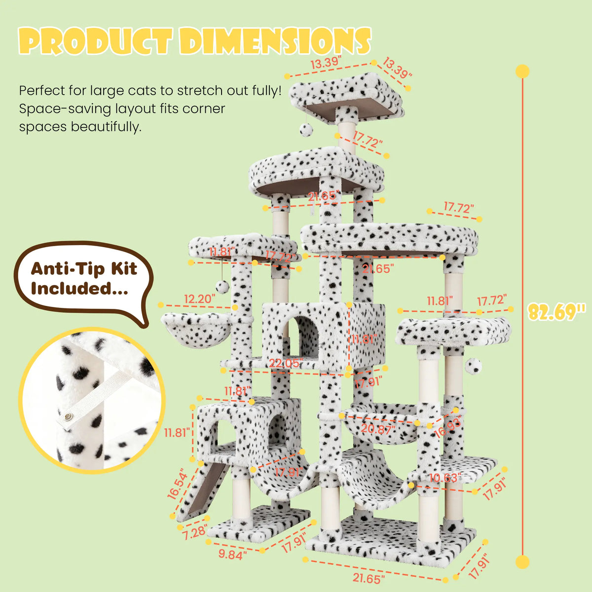SHA CERLIN Leopard Print 82In(6.8Ft) Heavy Duty Cat Tree Tower, 6 Spacious Tiers Multi-Level Condo with 2 Curved Beds, XL Luxury Top Perch, Hammock, Angled Ladder & Dense Plush Fabric for Indoor Extra Large Cats, 82 Inches, Sohochic