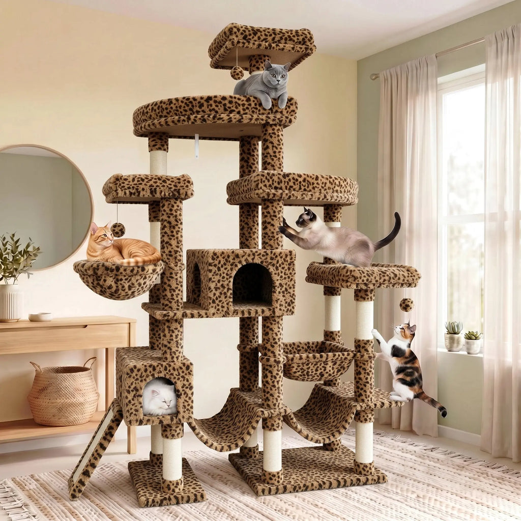 SHA CERLIN Leopard Print 82In(6.8Ft) Heavy Duty Cat Tree Tower, 6 Spacious Tiers Multi-Level Condo with 2 Curved Beds, XL Luxury Top Perch, Hammock, Angled Ladder & Dense Plush Fabric for Indoor Extra Large Cats, 82 Inches, Sohochic