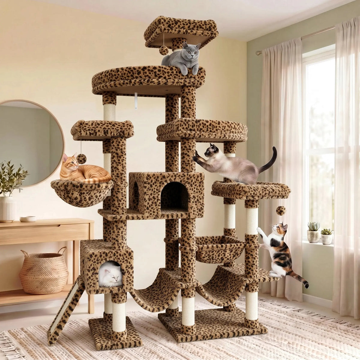 SHA CERLIN Leopard Print 82In(6.8Ft) Heavy Duty Cat Tree Tower, 6 Spacious Tiers Multi-Level Condo with 2 Curved Beds, XL Luxury Top Perch, Hammock, Angled Ladder & Dense Plush Fabric for Indoor Extra Large Cats, 82 Inches, Sohochic