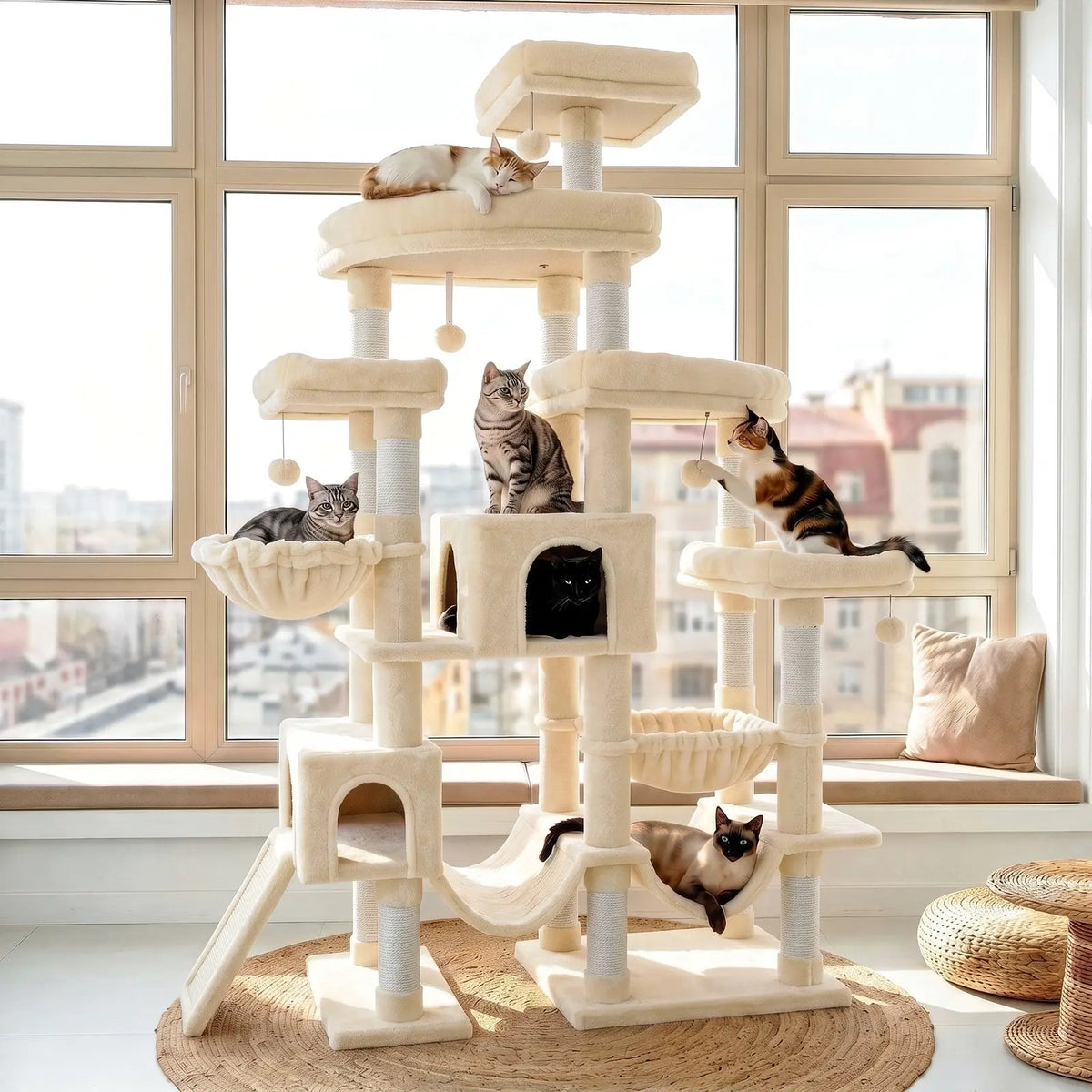 SHA CERLIN Leopard Print 82In(6.8Ft) Heavy Duty Cat Tree Tower, 6 Spacious Tiers Multi-Level Condo with 2 Curved Beds, XL Luxury Top Perch, Hammock, Angled Ladder & Dense Plush Fabric for Indoor Extra Large Cats, 82 Inches, Sohochic