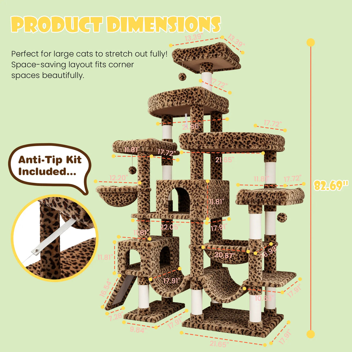 SHA CERLIN Leopard Print 82In(6.8Ft) Heavy Duty Cat Tree Tower, 6 Spacious Tiers Multi-Level Condo with 2 Curved Beds, XL Luxury Top Perch, Hammock, Angled Ladder & Dense Plush Fabric for Indoor Extra Large Cats, 82 Inches, Sohochic