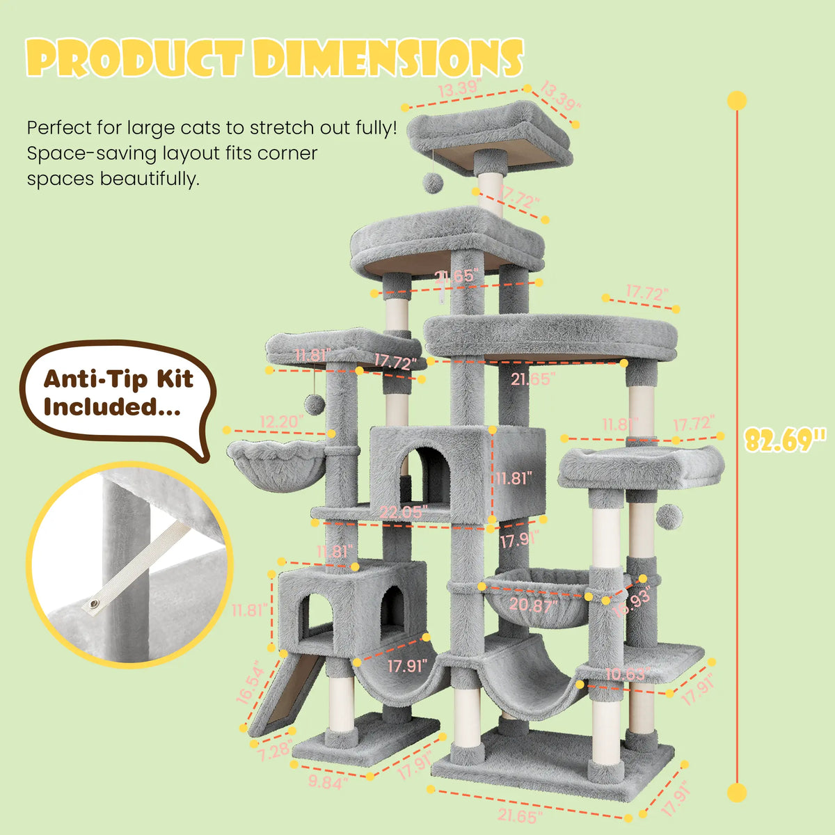 SHA CERLIN Leopard Print 82In(6.8Ft) Heavy Duty Cat Tree Tower, 6 Spacious Tiers Multi-Level Condo with 2 Curved Beds, XL Luxury Top Perch, Hammock, Angled Ladder & Dense Plush Fabric for Indoor Extra Large Cats, 82 Inches, Sohochic
