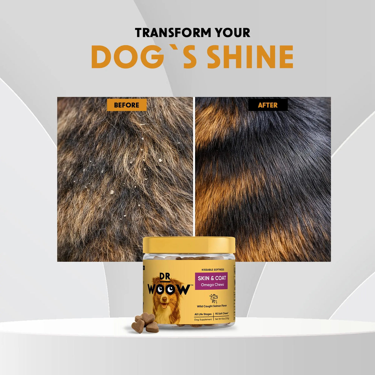 Dr Woow Dog Fur & Skin Care Soft Chews, High-Protein Salmon Flavor Treats with Biotin & Vitamins, Supports Shiny Coat, Reduces Dryness, Boosts Healthy Skin