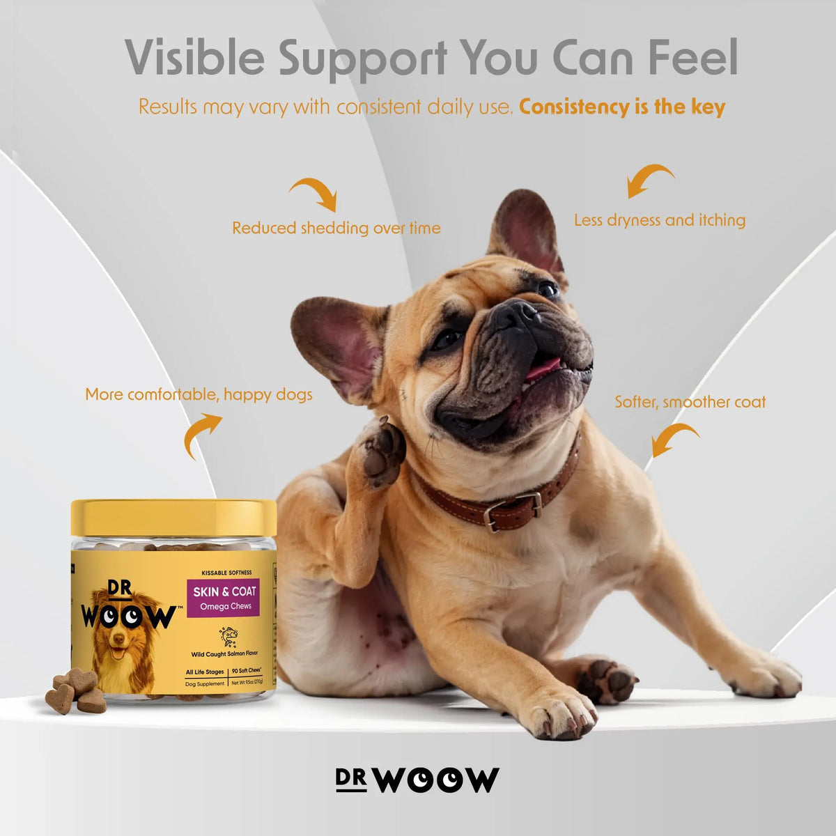 Dr Woow Dog Fur & Skin Care Soft Chews, High-Protein Salmon Flavor Treats with Biotin & Vitamins, Supports Shiny Coat, Reduces Dryness, Boosts Healthy Skin