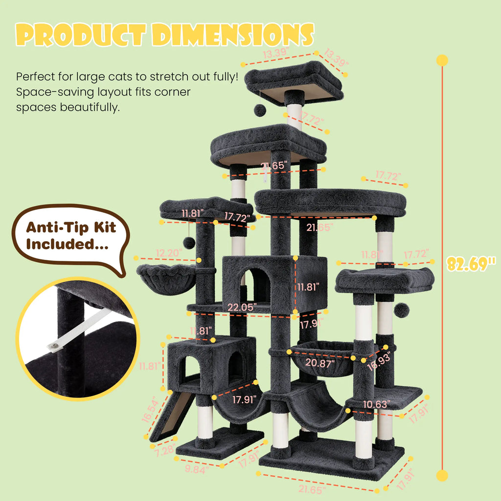 SHA CERLIN Leopard Print 82In(6.8Ft) Heavy Duty Cat Tree Tower, 6 Spacious Tiers Multi-Level Condo with 2 Curved Beds, XL Luxury Top Perch, Hammock, Angled Ladder & Dense Plush Fabric for Indoor Extra Large Cats, 82 Inches, Sohochic