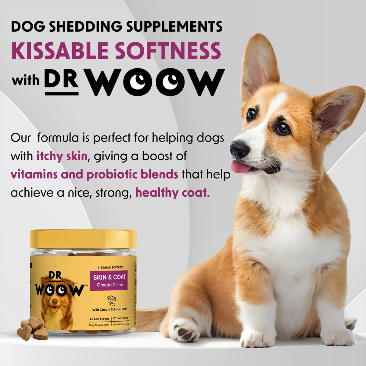 Dr Woow Dog Fur & Skin Care Soft Chews, High-Protein Salmon Flavor Treats with Biotin & Vitamins, Supports Shiny Coat, Reduces Dryness, Boosts Healthy Skin