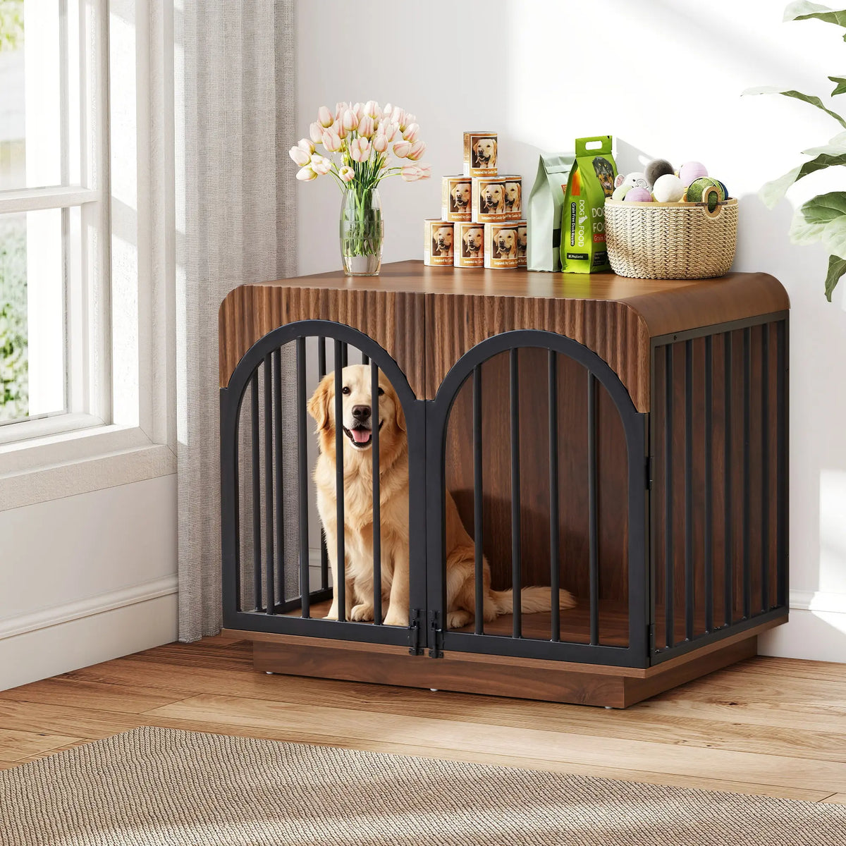 Giratree 39.3" Fluted Wooden Dog Crate Furniture, Mid-Century Modern Indoor Dog Kennel Dogs Cage for Medium/Large Dogs, Heavy Duty Dog Crates Decorative Pet House for Living Room