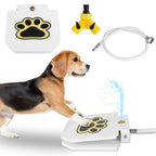 The white paw-print pedal plate, yellow two-way hose splitter and connecting hose, with a beagle stepping on the pedal below