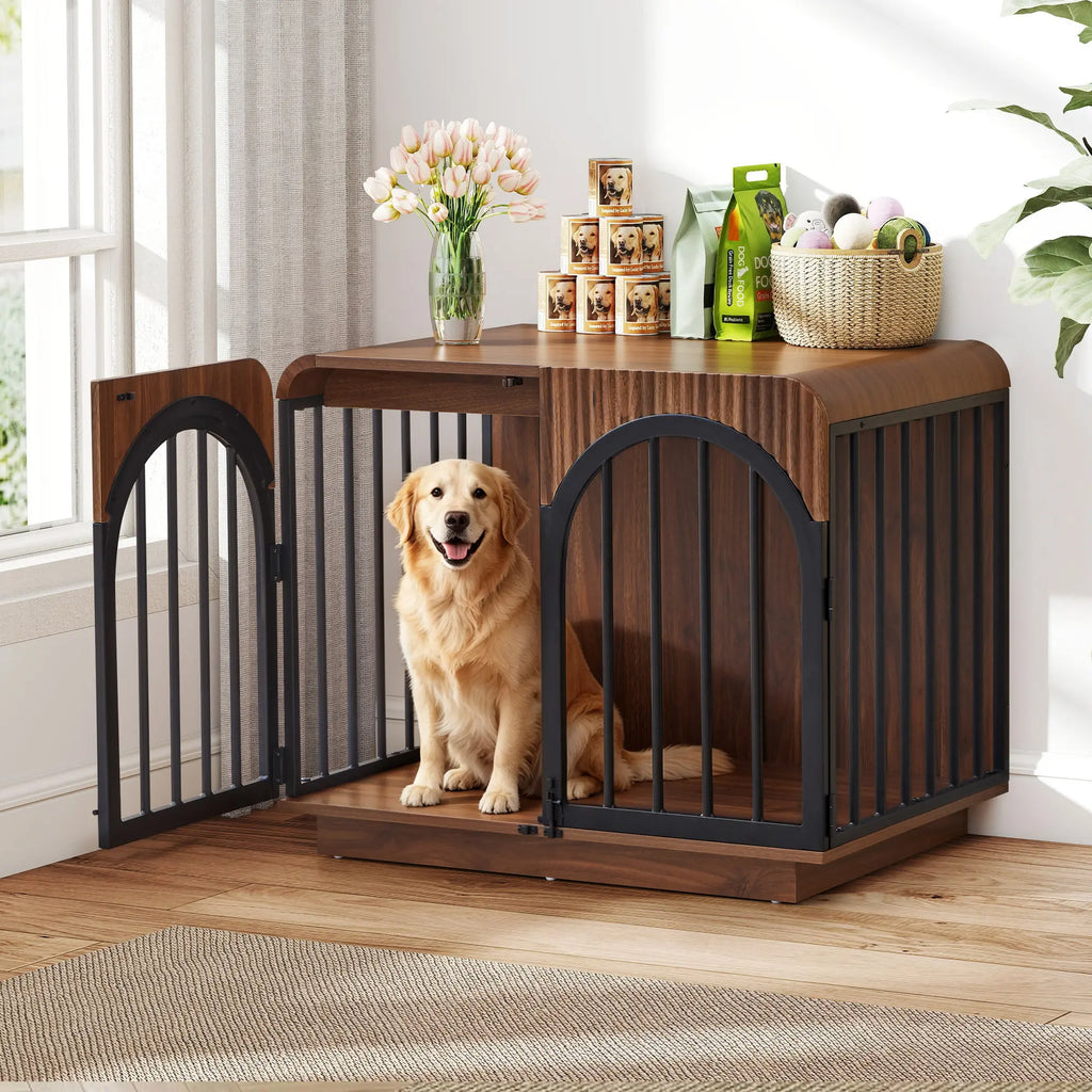 Giratree 39.3" Fluted Wooden Dog Crate Furniture, Mid-Century Modern Indoor Dog Kennel Dogs Cage for Medium/Large Dogs, Heavy Duty Dog Crates Decorative Pet House for Living Room
