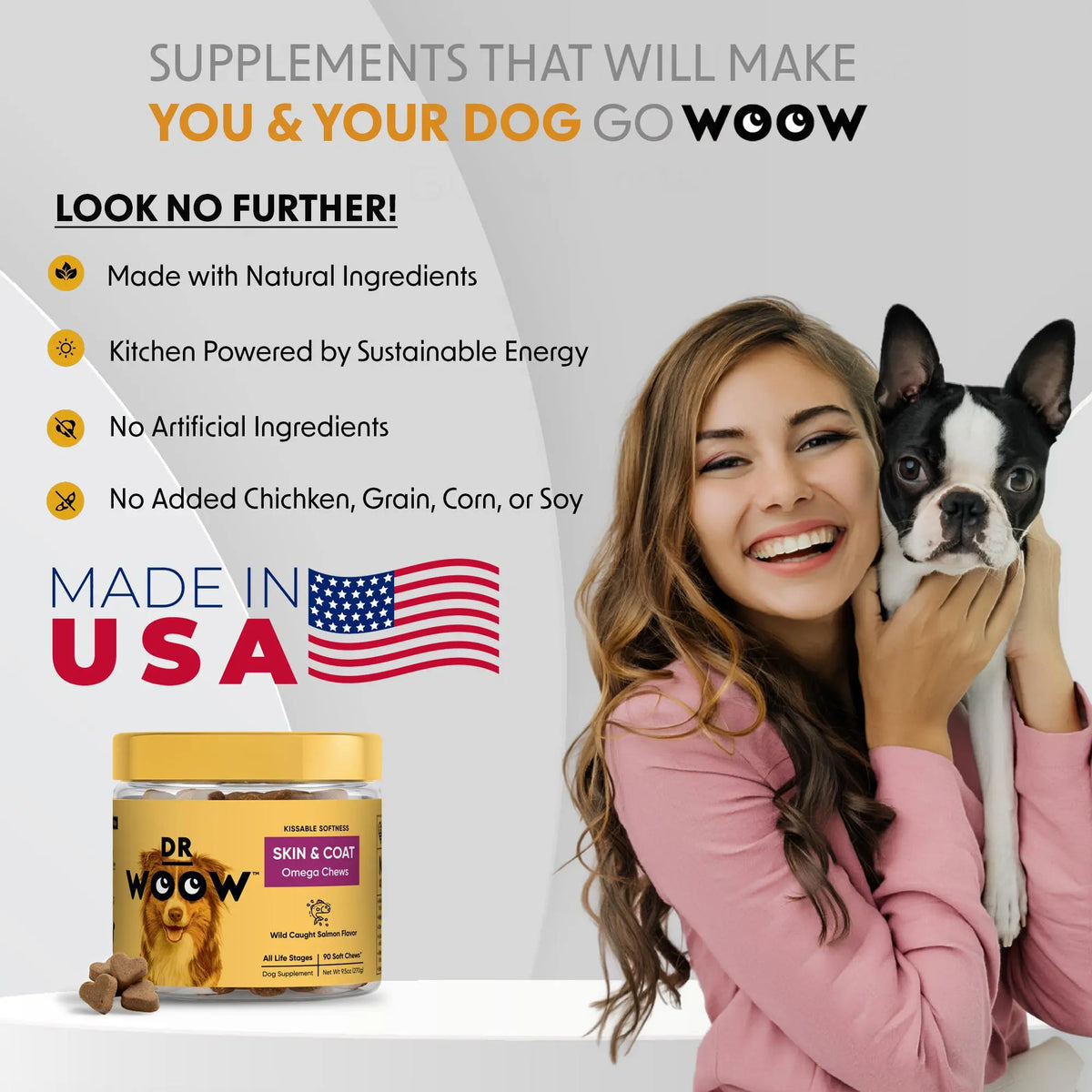 Dr Woow Dog Fur & Skin Care Soft Chews, High-Protein Salmon Flavor Treats with Biotin & Vitamins, Supports Shiny Coat, Reduces Dryness, Boosts Healthy Skin