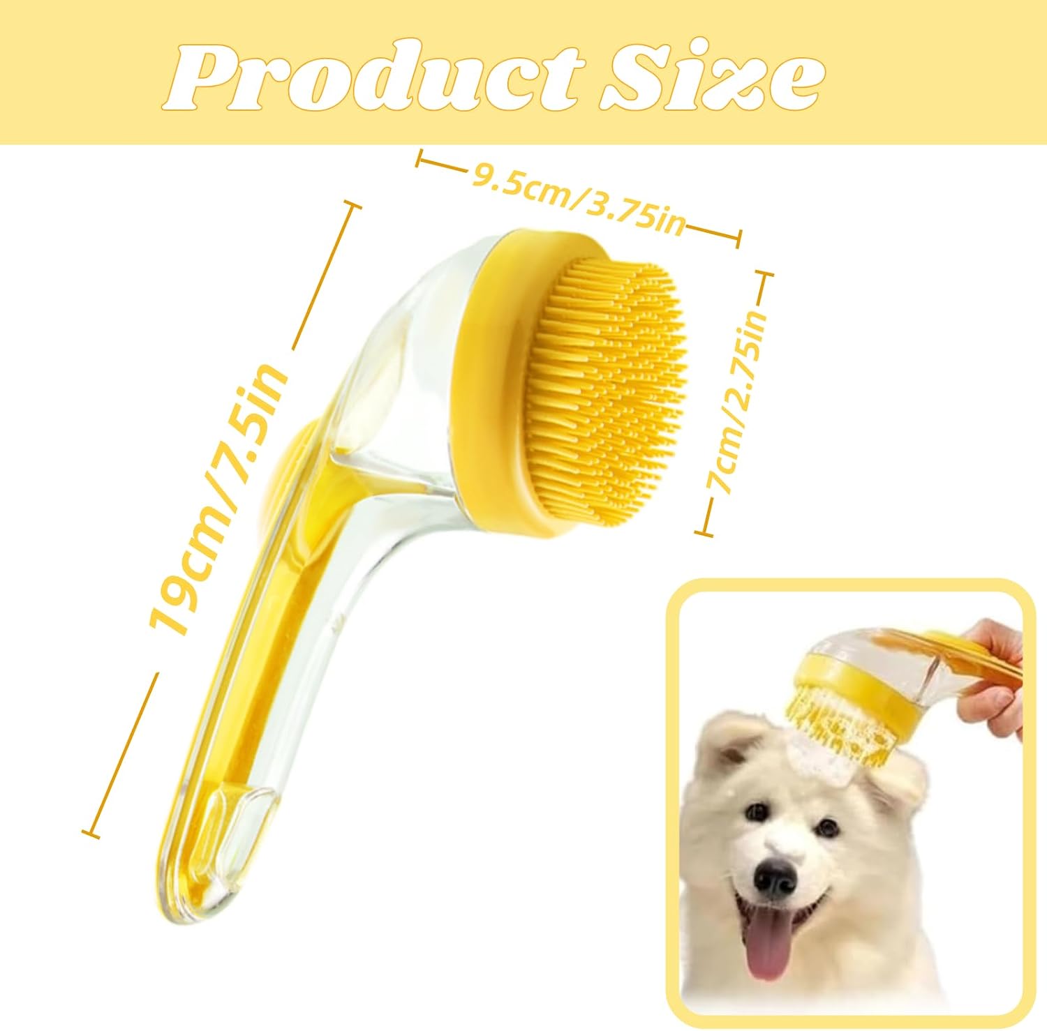 Size diagram: 7.5 inches long with a 3.75 by 2.75 inch brush head