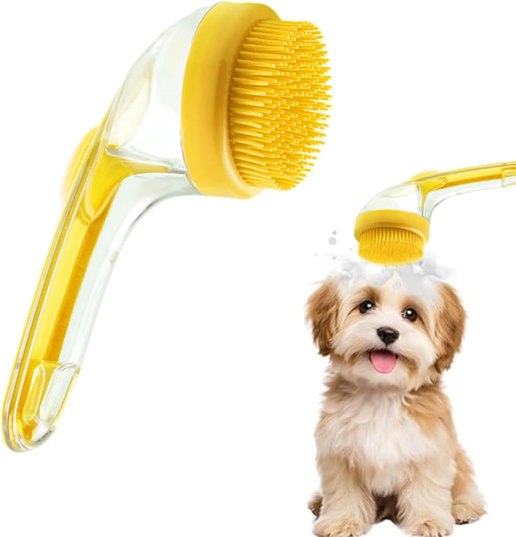 Yellow dog bath brush with a clear shampoo reservoir in the handle, beside a lathered puppy