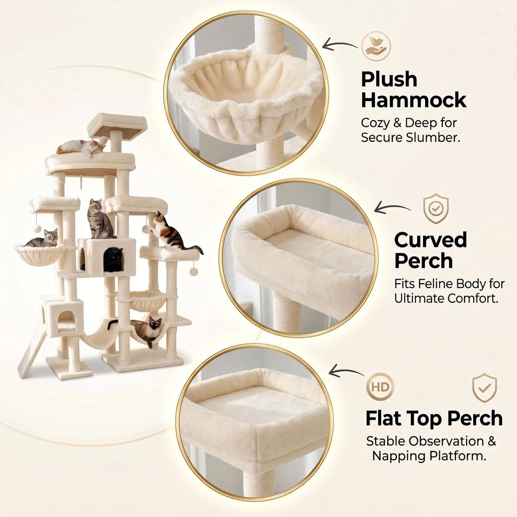 SHA CERLIN Leopard Print 82In(6.8Ft) Heavy Duty Cat Tree Tower, 6 Spacious Tiers Multi-Level Condo with 2 Curved Beds, XL Luxury Top Perch, Hammock, Angled Ladder & Dense Plush Fabric for Indoor Extra Large Cats, 82 Inches, Sohochic
