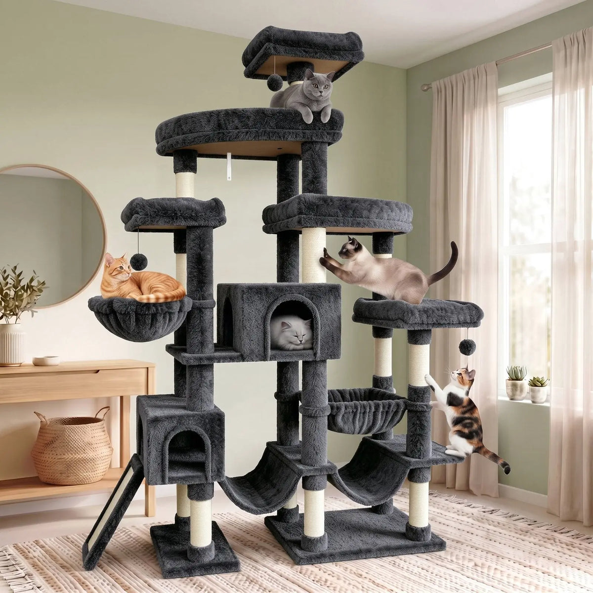 SHA CERLIN Leopard Print 82In(6.8Ft) Heavy Duty Cat Tree Tower, 6 Spacious Tiers Multi-Level Condo with 2 Curved Beds, XL Luxury Top Perch, Hammock, Angled Ladder & Dense Plush Fabric for Indoor Extra Large Cats, 82 Inches, Sohochic
