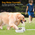Golden retriever drinking from the fountain's water arc on a lawn