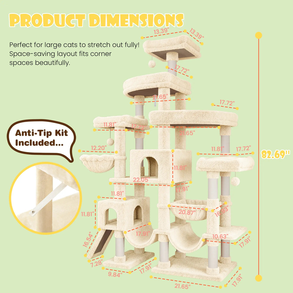 SHA CERLIN Leopard Print 82In(6.8Ft) Heavy Duty Cat Tree Tower, 6 Spacious Tiers Multi-Level Condo with 2 Curved Beds, XL Luxury Top Perch, Hammock, Angled Ladder & Dense Plush Fabric for Indoor Extra Large Cats, 82 Inches, Sohochic