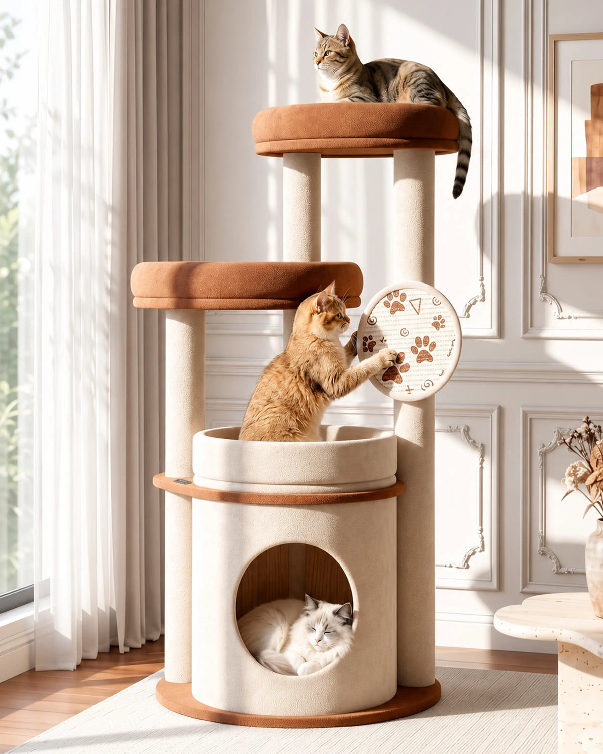 4-Tier Fully Wrapped Plush Cat Tree for Large Cats and Multi-Cat Homes, Dual Spacious Perches, Cozy Condo, Wide Stable Base and Scratching Pad