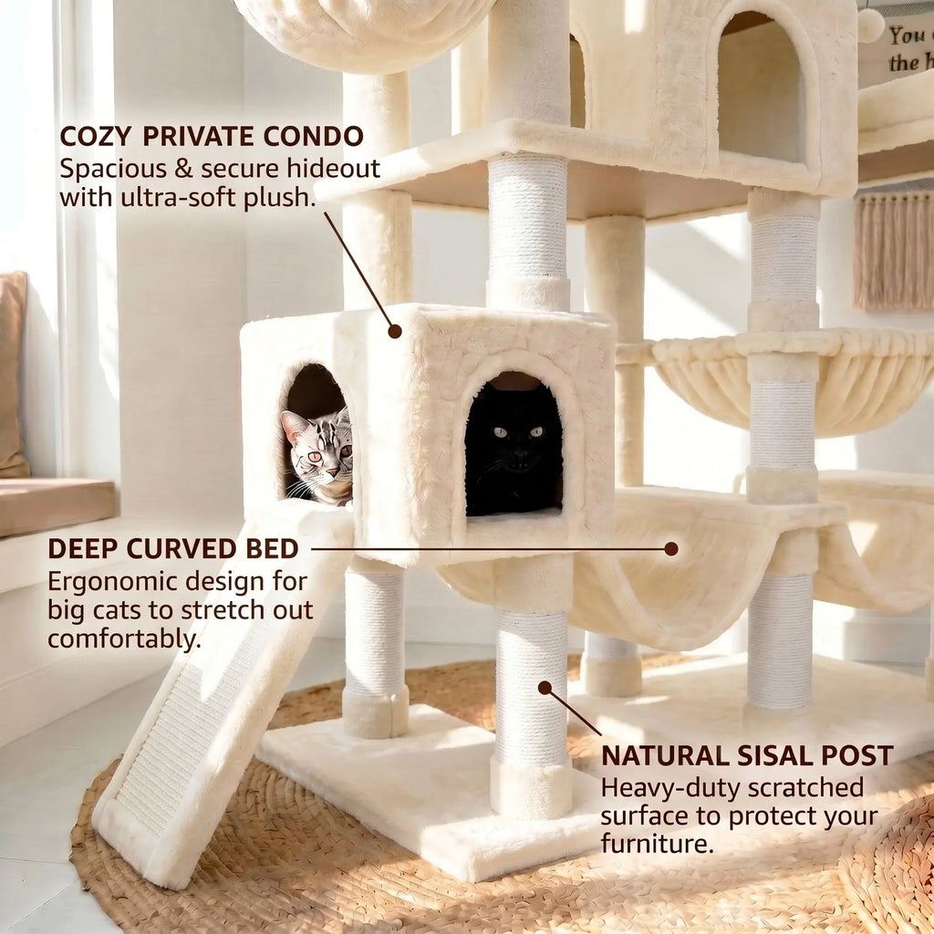 SHA CERLIN Leopard Print 82In(6.8Ft) Heavy Duty Cat Tree Tower, 6 Spacious Tiers Multi-Level Condo with 2 Curved Beds, XL Luxury Top Perch, Hammock, Angled Ladder & Dense Plush Fabric for Indoor Extra Large Cats, 82 Inches, Sohochic