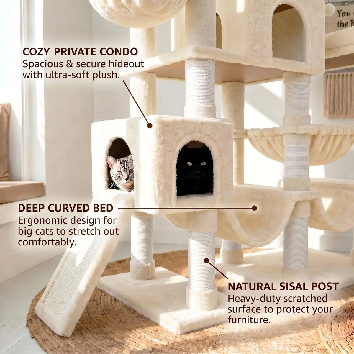 SHA CERLIN Leopard Print 82In(6.8Ft) Heavy Duty Cat Tree Tower, 6 Spacious Tiers Multi-Level Condo with 2 Curved Beds, XL Luxury Top Perch, Hammock, Angled Ladder & Dense Plush Fabric for Indoor Extra Large Cats, 82 Inches, Sohochic