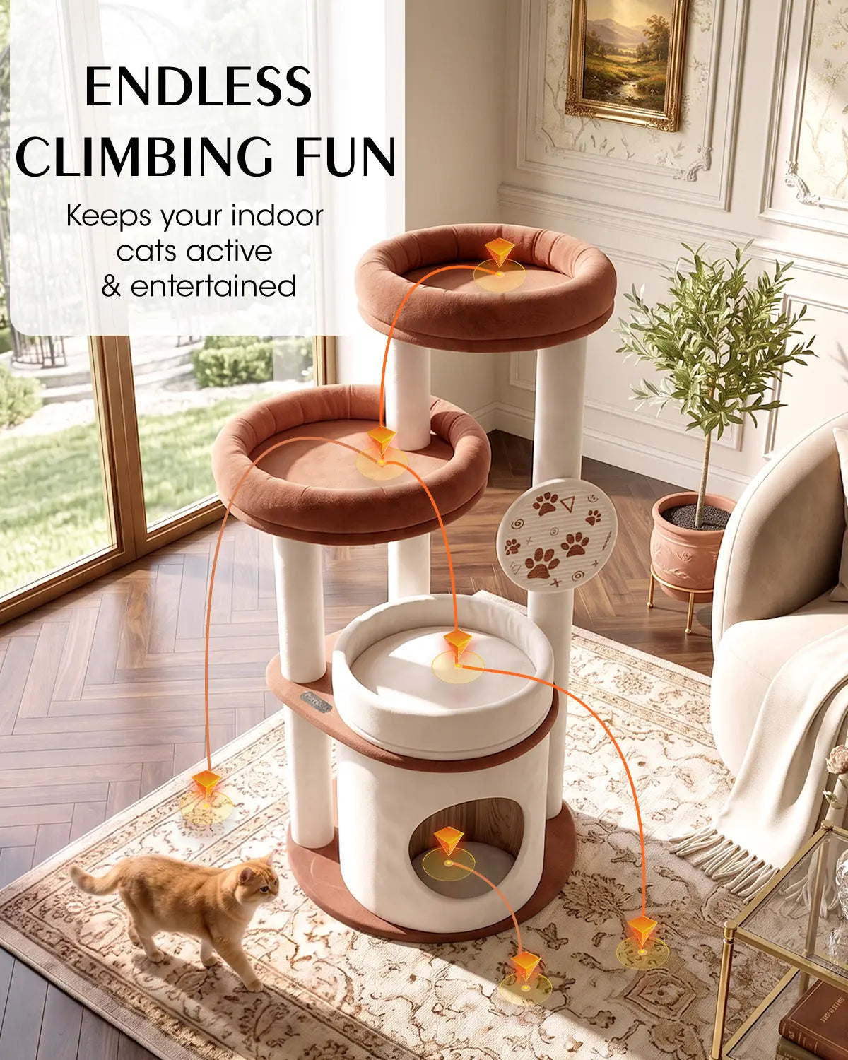 4-Tier Fully Wrapped Plush Cat Tree for Large Cats and Multi-Cat Homes, Dual Spacious Perches, Cozy Condo, Wide Stable Base and Scratching Pad