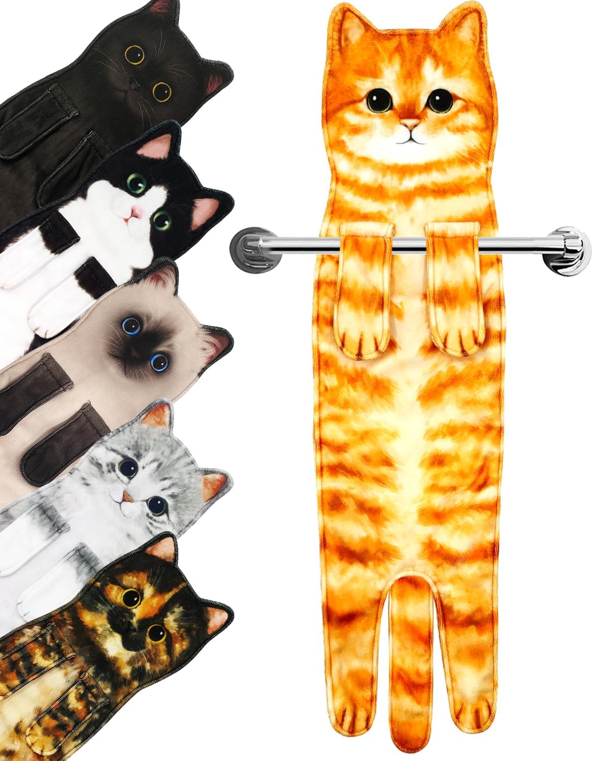 Orange tabby cat hand towel hanging by its front paws from a towel rail
