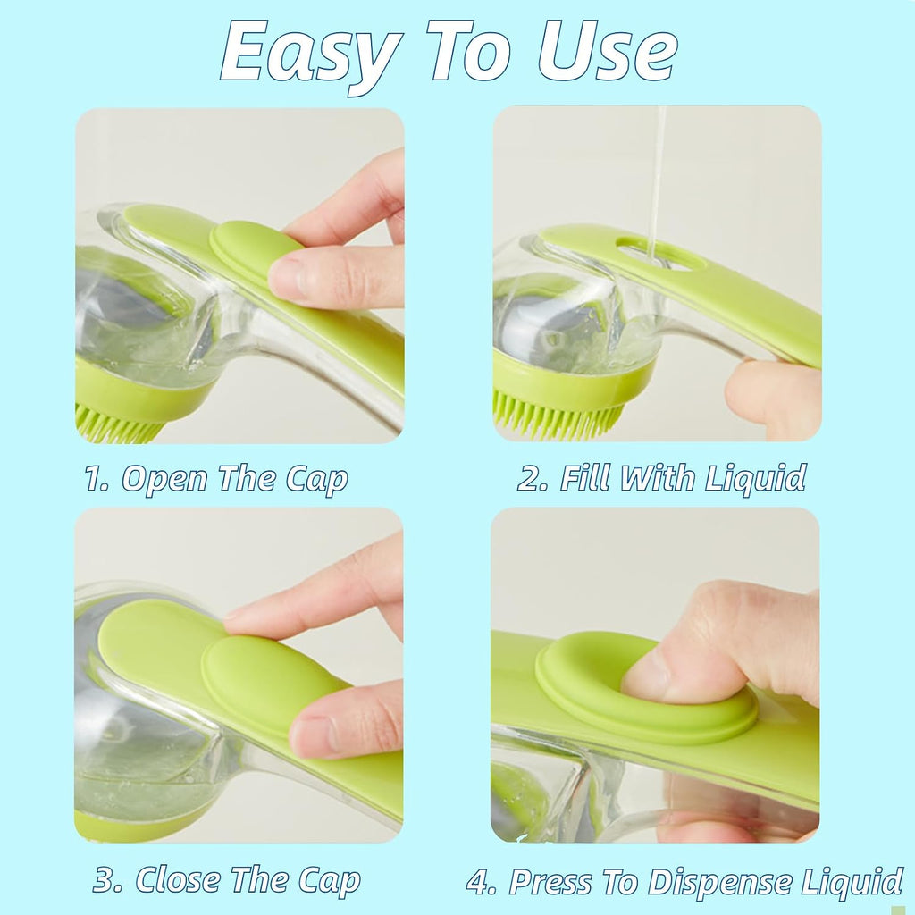 Four steps: open the cap, fill with shampoo, close the cap, press to dispense