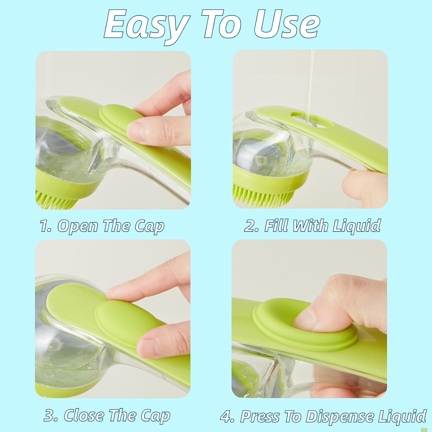 Four steps: open the cap, fill with shampoo, close the cap, press to dispense