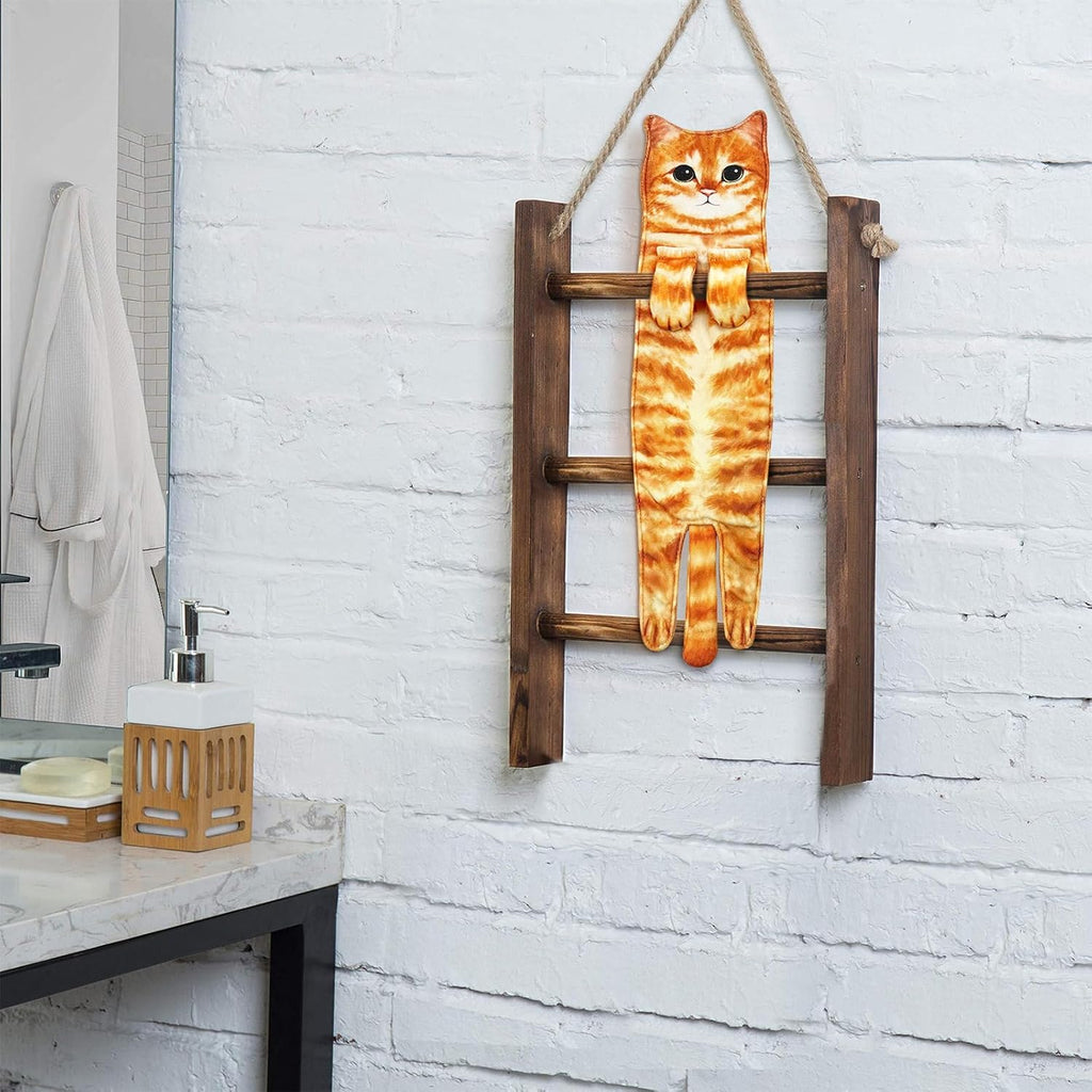 Cat towel hanging from a wooden ladder against a white brick bathroom wall