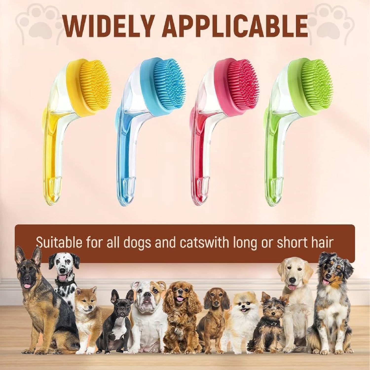 The brush in four colours above a line-up of dog breeds, long and short haired