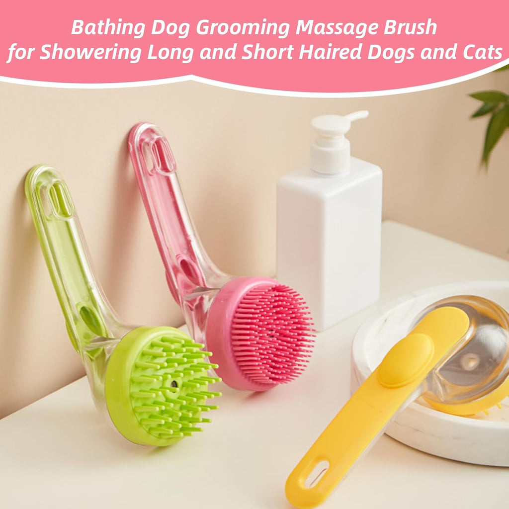 Two bath brushes on a bathroom counter beside a shampoo bottle