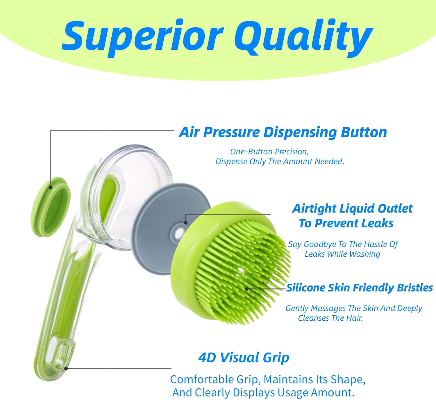 Exploded view showing the dispensing button, airtight outlet, silicone bristles and grip