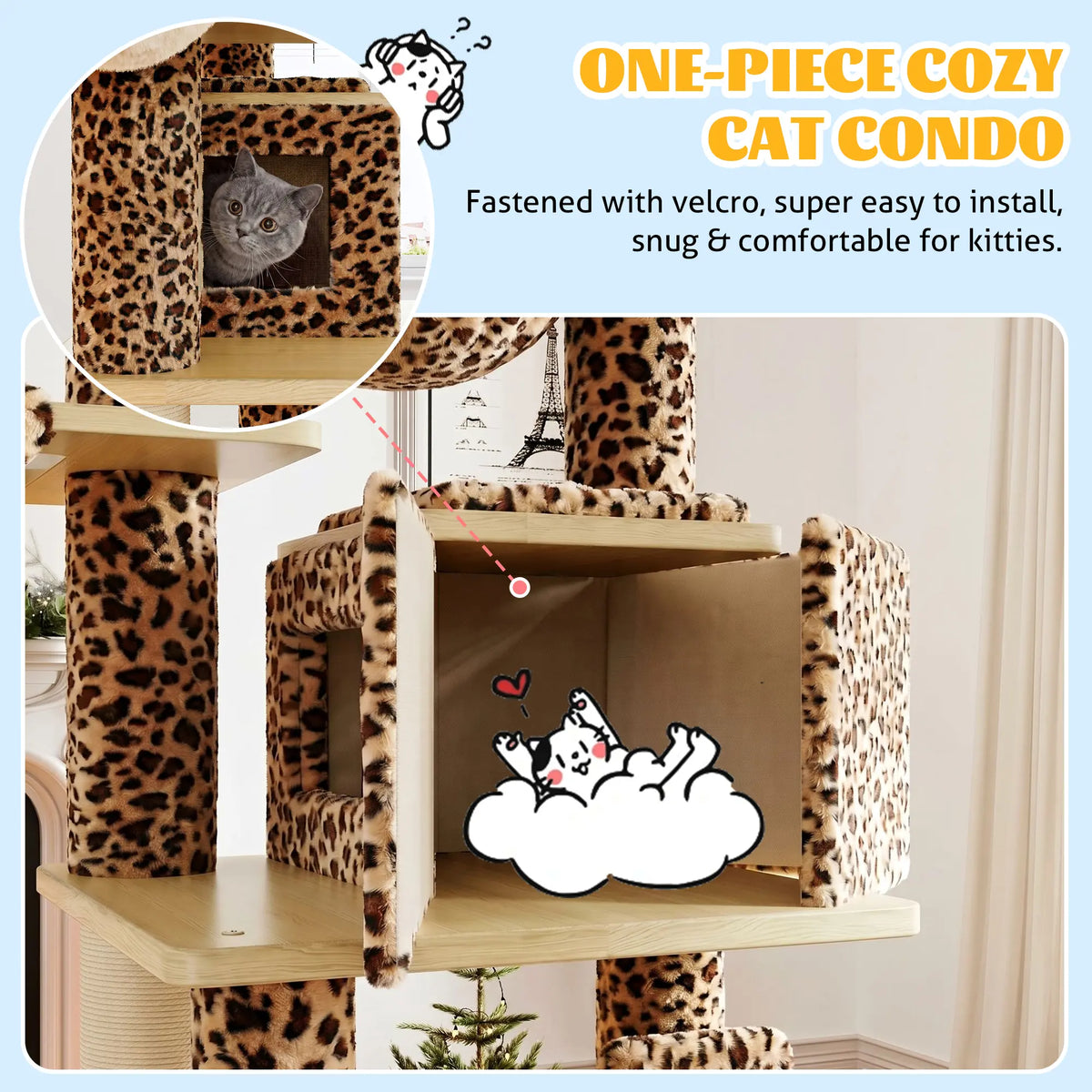 HOOMIC 77" Cat Tree, Ultra-Soft Plush with Thick Scratching Poles, Removable Hammock & Condo, Waterproof Wood Base，Beige & Leopard Print