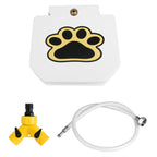 Everything in the box: paw-print pedal plate, yellow two-way hose splitter and braided connecting hose with threaded fittings