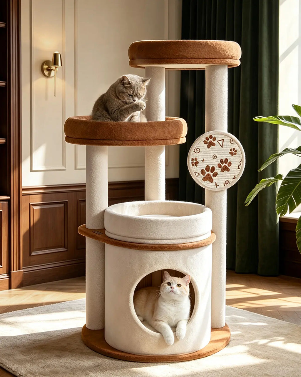 4-Tier Fully Wrapped Plush Cat Tree for Large Cats and Multi-Cat Homes, Dual Spacious Perches, Cozy Condo, Wide Stable Base and Scratching Pad