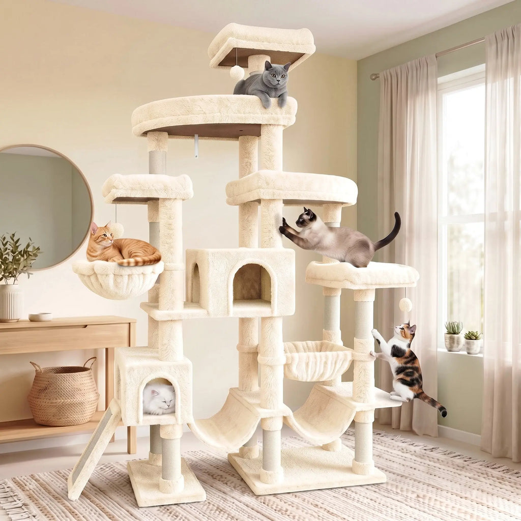SHA CERLIN Leopard Print 82In(6.8Ft) Heavy Duty Cat Tree Tower, 6 Spacious Tiers Multi-Level Condo with 2 Curved Beds, XL Luxury Top Perch, Hammock, Angled Ladder & Dense Plush Fabric for Indoor Extra Large Cats, 82 Inches, Sohochic