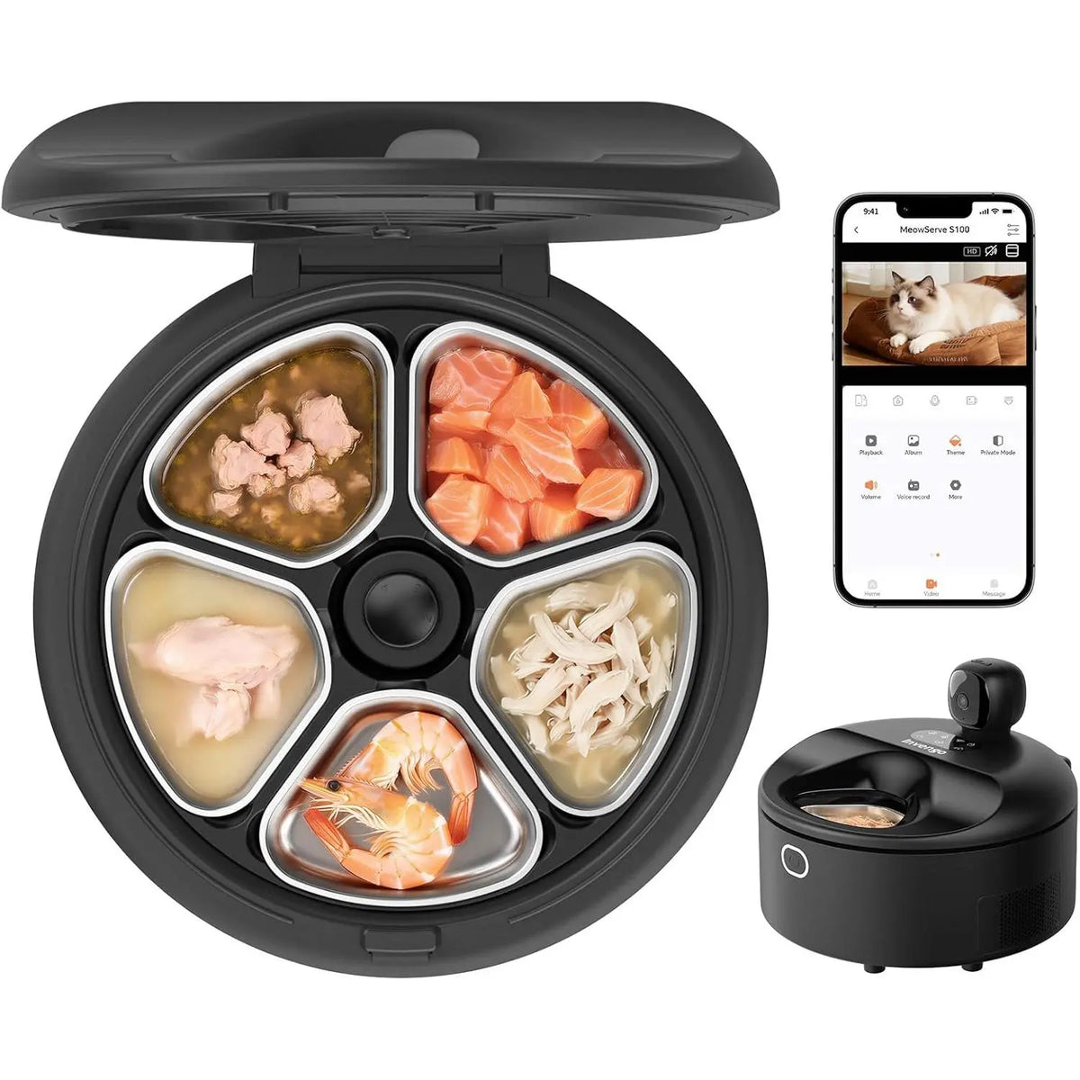 Automatic Wet Food Cat Feeder with 3MP Camera, App Remote Control , Dual Semiconductor Cooling, Heating Feeding Area, 5 Stainless Steel Trays Pet Food Dispenser Ever Sweet Gravity Ultra Bowl Set Small Dog Enrichment Fresh Time Meal， Medium Large Breed