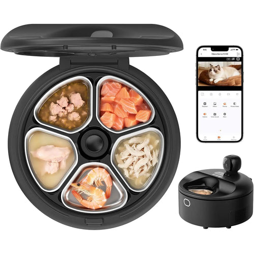 Automatic Wet Food Cat Feeder with 3MP Camera, App Remote Control , Dual Semiconductor Cooling, Heating Feeding Area, 5 Stainless Steel Trays Pet Food Dispenser Ever Sweet Gravity Ultra Bowl Set Small Dog Enrichment Fresh Time Meal， Medium Large Breed