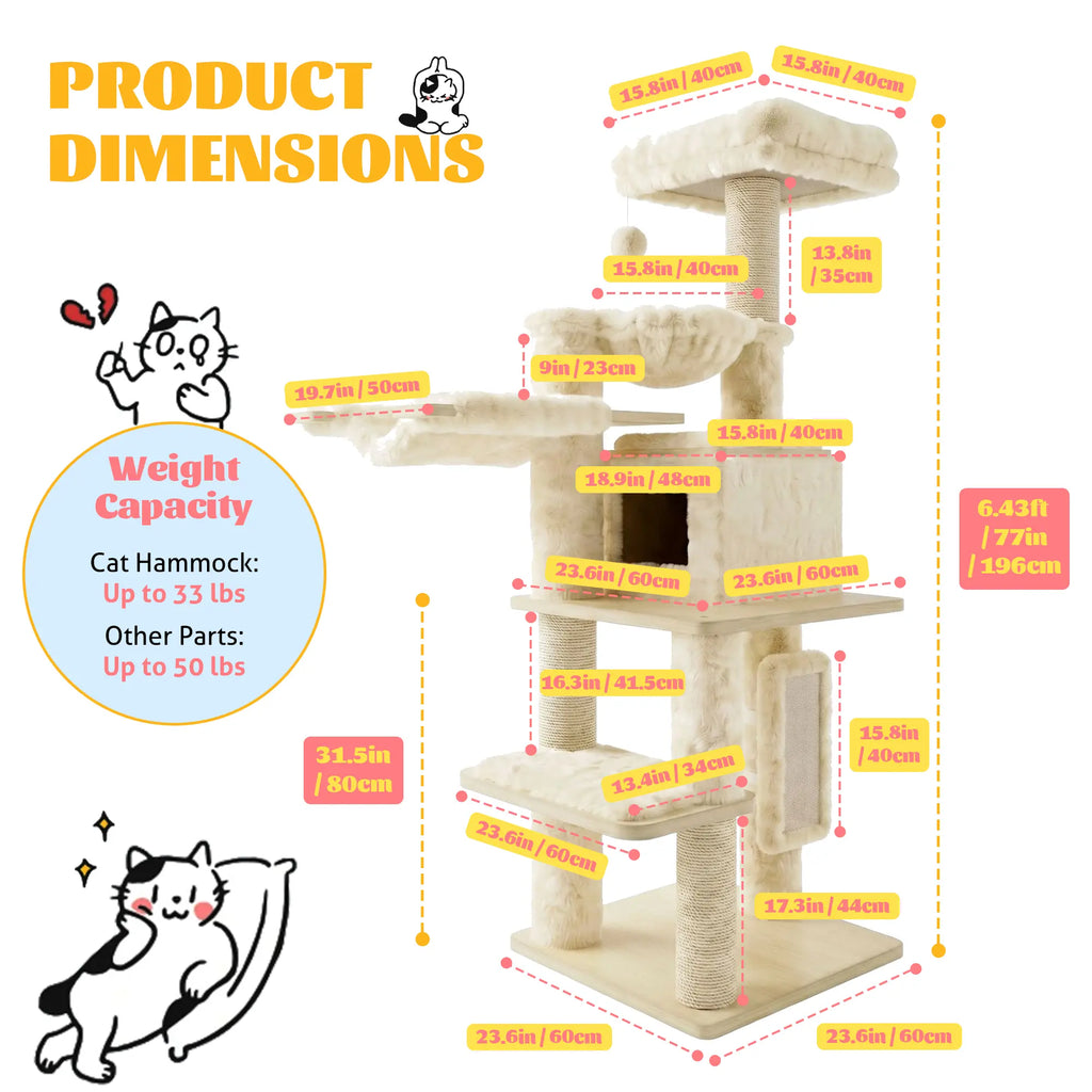 HOOMIC 77" Cat Tree, Ultra-Soft Plush with Thick Scratching Poles, Removable Hammock & Condo, Waterproof Wood Base，Beige & Leopard Print