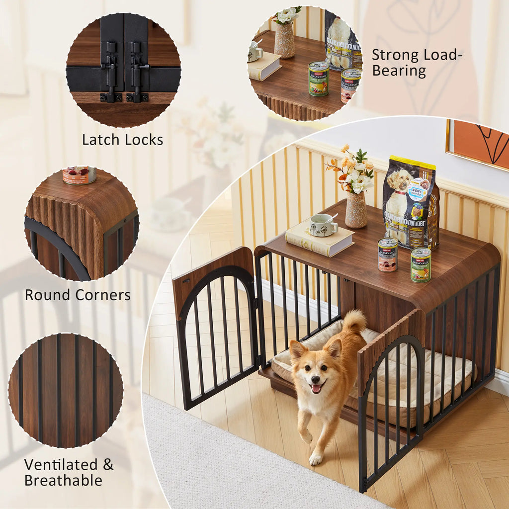 Giratree 39.3" Fluted Wooden Dog Crate Furniture, Mid-Century Modern Indoor Dog Kennel Dogs Cage for Medium/Large Dogs, Heavy Duty Dog Crates Decorative Pet House for Living Room