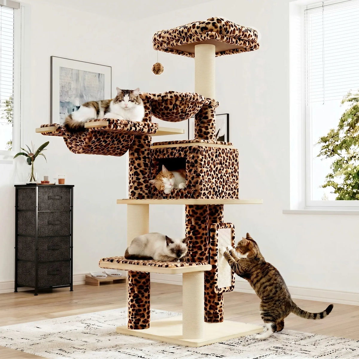 HOOMIC 77" Cat Tree, Ultra-Soft Plush with Thick Scratching Poles, Removable Hammock & Condo, Waterproof Wood Base，Beige & Leopard Print
