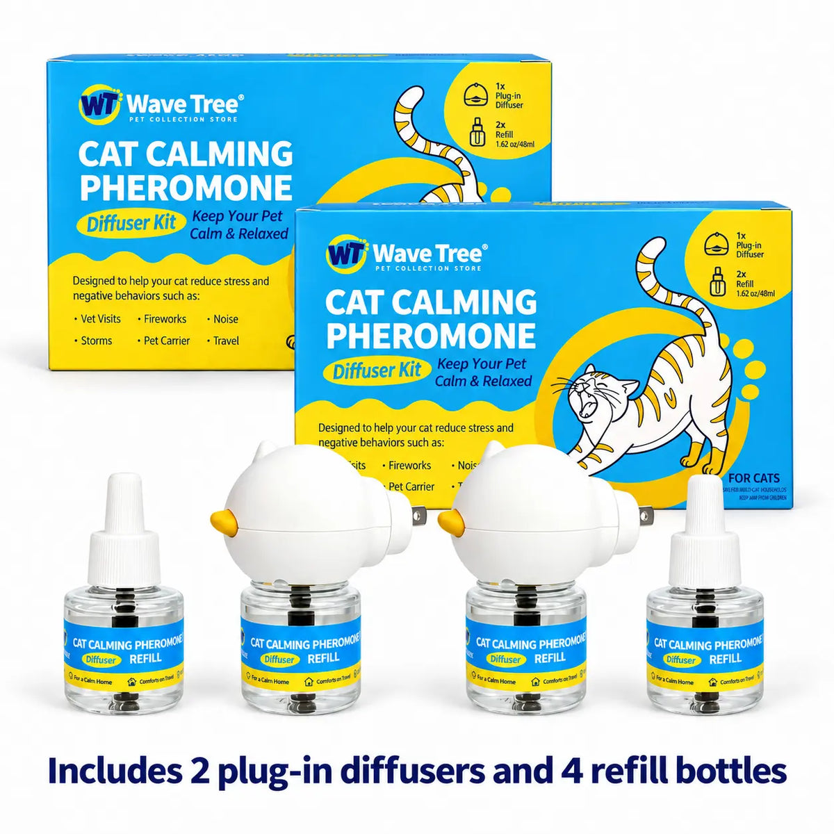 Wavetree Cat Calming Diffuser Refill Kit (4 Pack, 120-Day Supply), Odorless Liquid, Helps Reduce Meowing, Stress & Pee Spraying during Environmental Changes, 48 Ml/Bottle - Tiktokshopbacktoschool