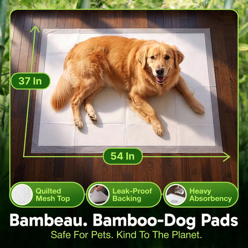 Bambeau Premium Bamboo-Based Pads Eco Conscious Dog Pads 3XL (37X54 Inch) 25 Count - Extra Large Puppy Training Pads, Unbleached Chlorine-Free Plant-Based Potty Pads Leak-Proof Backing and Natural Odor Control