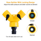 Yellow two-way hose splitter with two independent shut-off levers, shown closed and opened