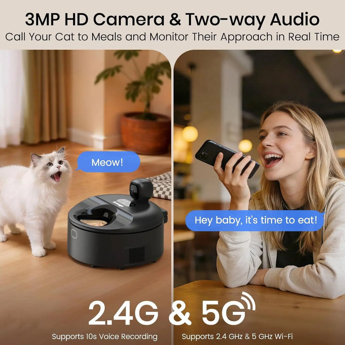 Automatic Wet Food Cat Feeder with 3MP Camera, App Remote Control , Dual Semiconductor Cooling, Heating Feeding Area, 5 Stainless Steel Trays Pet Food Dispenser Ever Sweet Gravity Ultra Bowl Set Small Dog Enrichment Fresh Time Meal， Medium Large Breed
