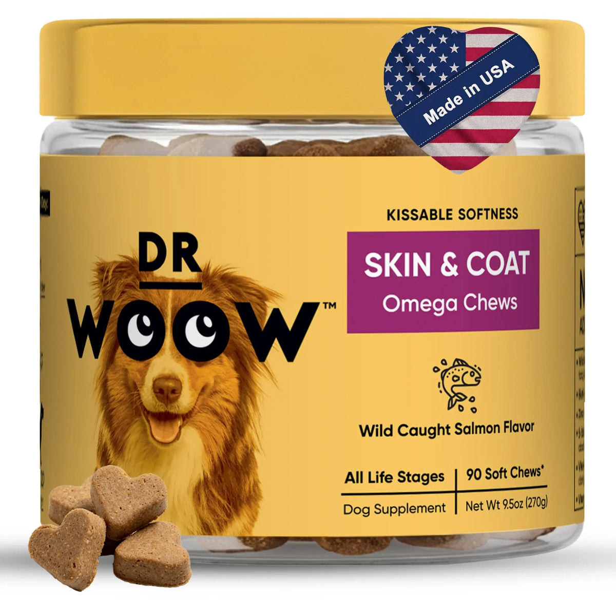 Dr Woow Dog Fur & Skin Care Soft Chews, High-Protein Salmon Flavor Treats with Biotin & Vitamins, Supports Shiny Coat, Reduces Dryness, Boosts Healthy Skin