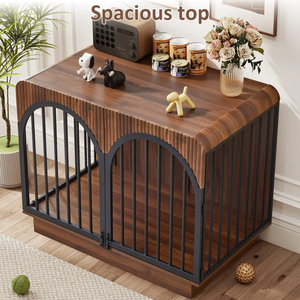 Giratree 39.3" Fluted Wooden Dog Crate Furniture, Mid-Century Modern Indoor Dog Kennel Dogs Cage for Medium/Large Dogs, Heavy Duty Dog Crates Decorative Pet House for Living Room