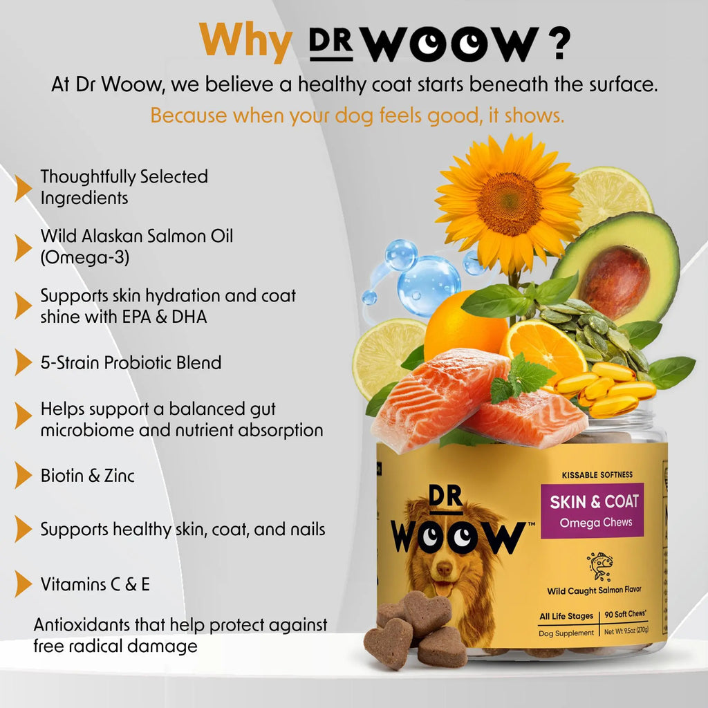 Dr Woow Dog Fur & Skin Care Soft Chews, High-Protein Salmon Flavor Treats with Biotin & Vitamins, Supports Shiny Coat, Reduces Dryness, Boosts Healthy Skin