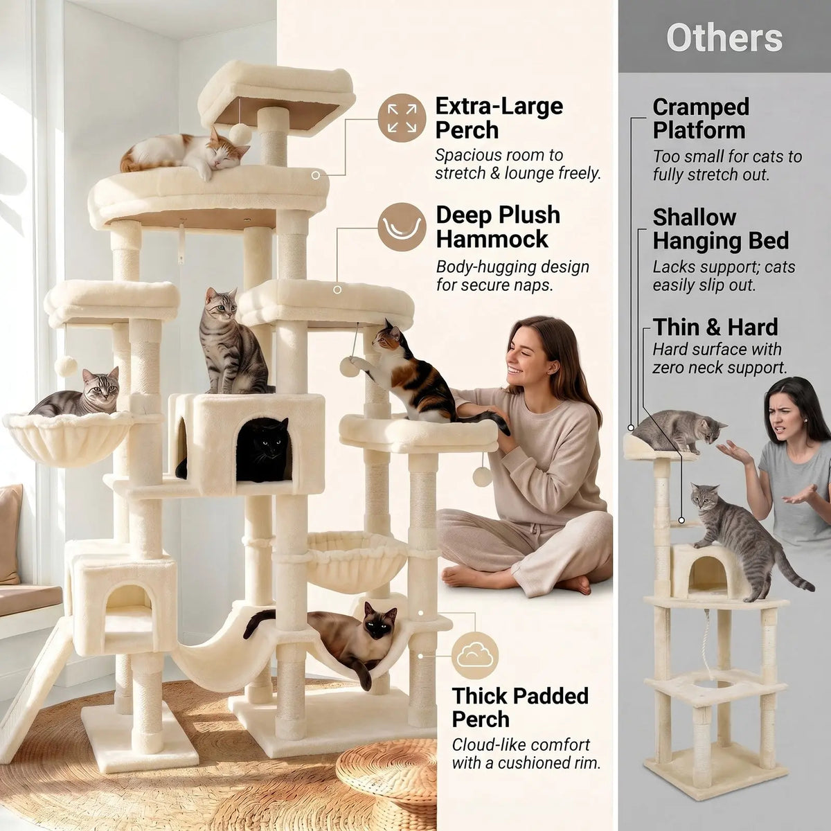 SHA CERLIN Leopard Print 82In(6.8Ft) Heavy Duty Cat Tree Tower, 6 Spacious Tiers Multi-Level Condo with 2 Curved Beds, XL Luxury Top Perch, Hammock, Angled Ladder & Dense Plush Fabric for Indoor Extra Large Cats, 82 Inches, Sohochic